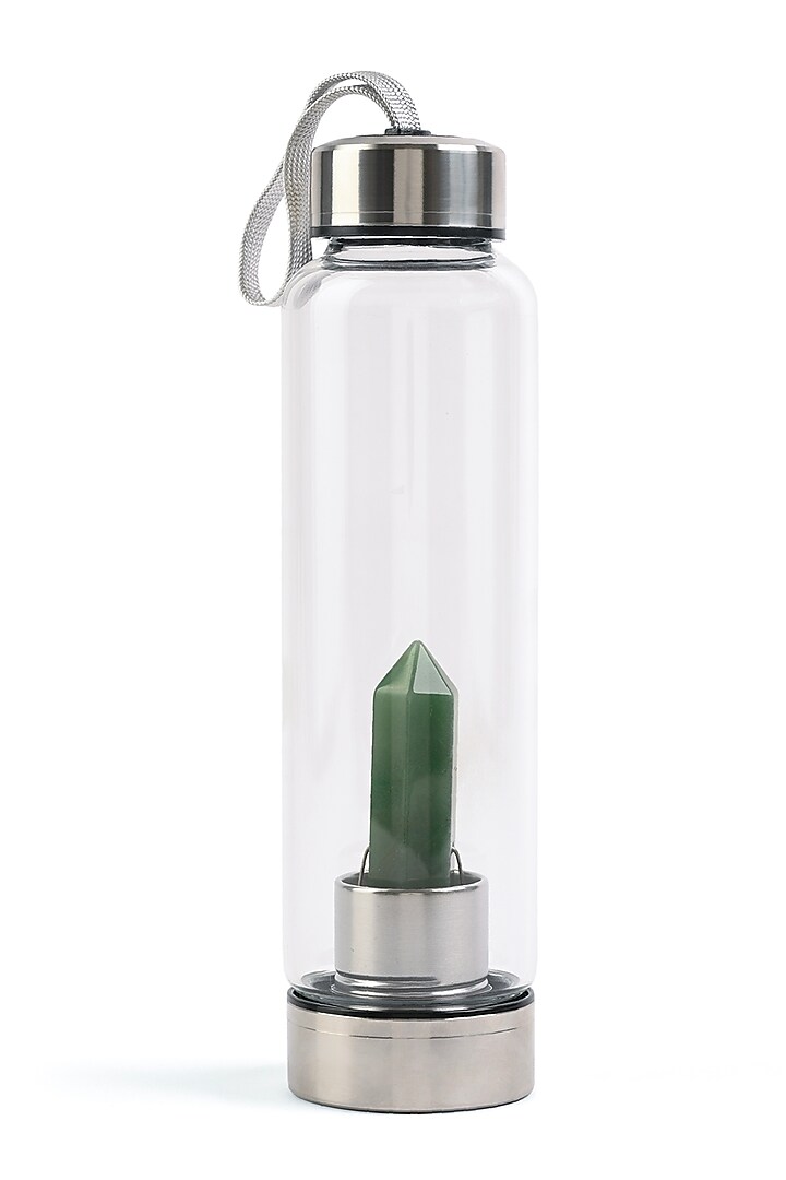 Clear Glass, Steel & Green Aventurine Bottle by Serein Wellness at Pernia's Pop Up Shop