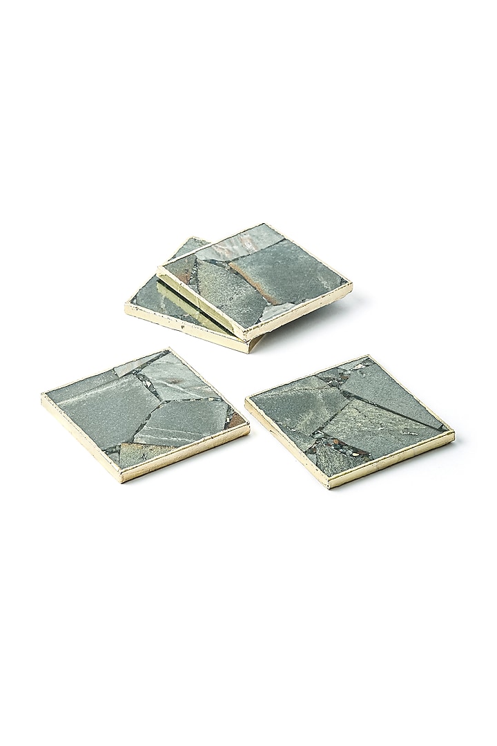 Green Aventurine Composite Square Coasters With Gold Trim (Set of 4) by Serein Wellness
