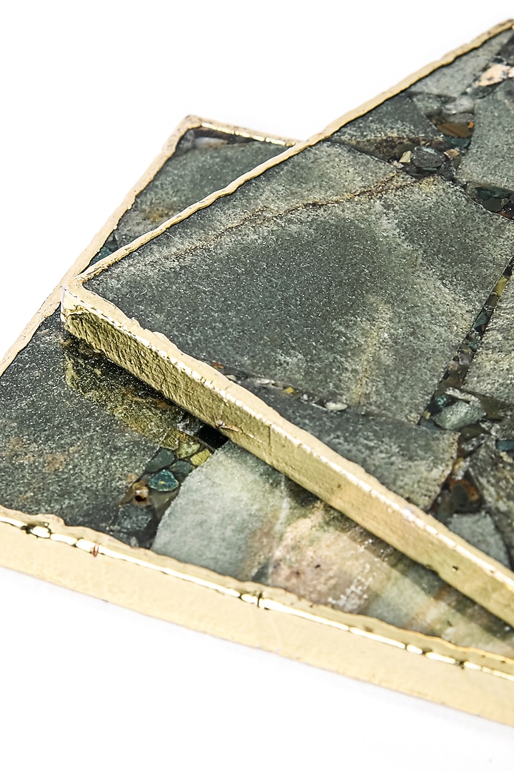 Green Aventurine Composite Square Coasters With Gold Trim (Set of 4) by Serein Wellness at Pernia's Pop Up Shop