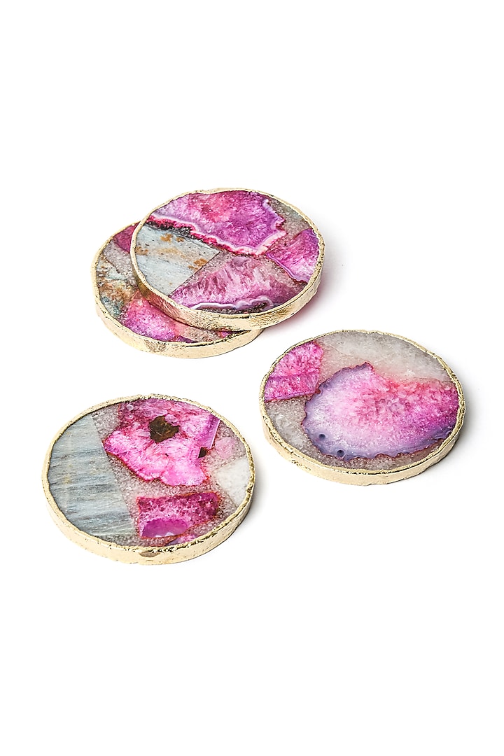 Pink & Grey Agate Composite Round Coasters With Gold Trim (Set of 4) by Serein Wellness