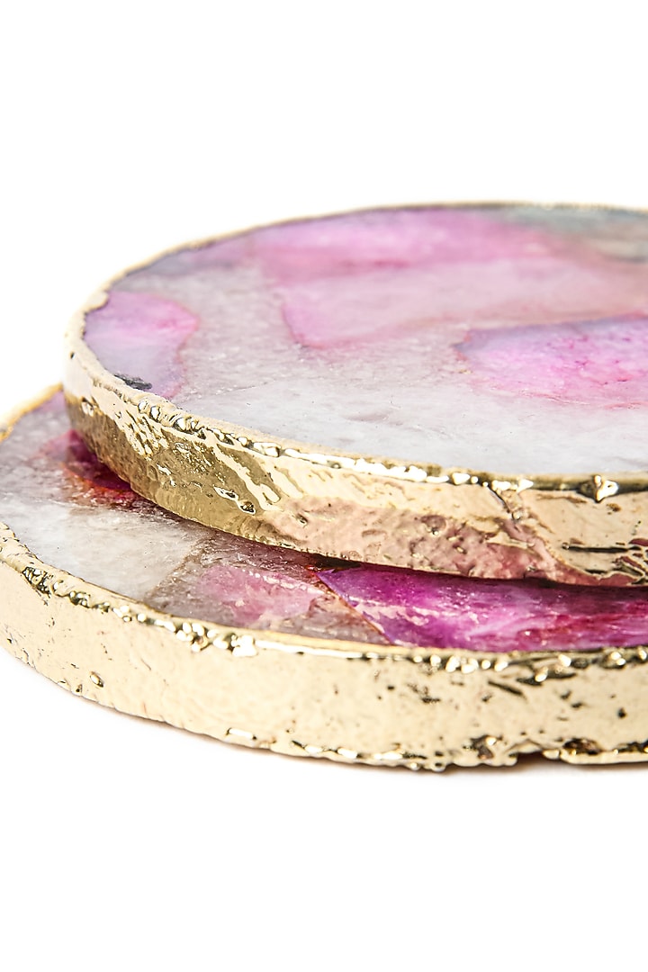 Pink & Grey Agate Composite Round Coasters With Gold Trim (Set of 4) by Serein Wellness at Pernia's Pop Up Shop