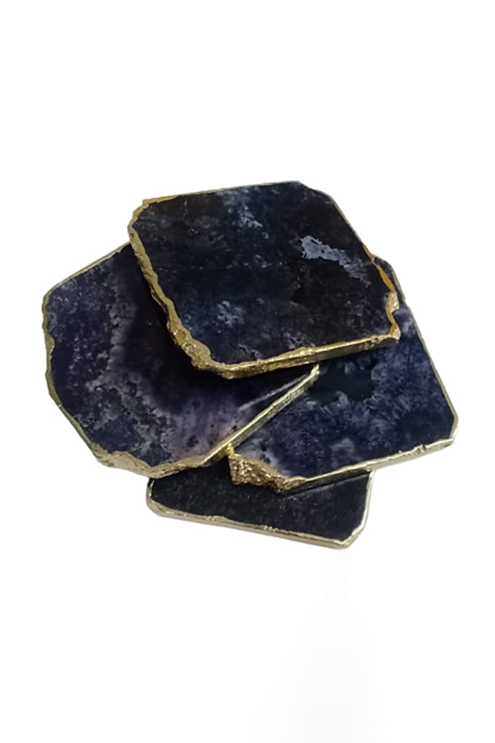 Black Agate Coasters With Gold Pleated Edges (Set of 4) by Serein Wellness at Pernia's Pop Up Shop