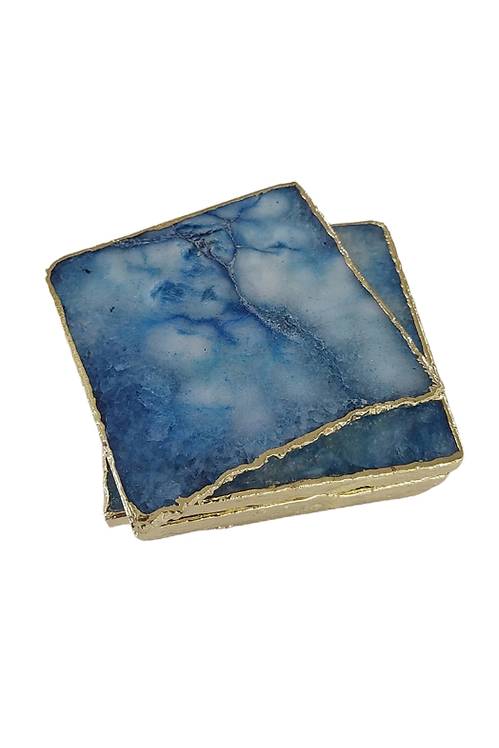 Blue Agate Coaster Set With Gold Plated Trim (Set of 4) by Serein Wellness at Pernia's Pop Up Shop