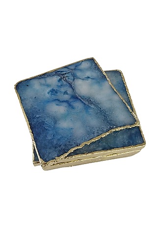 Blue Agate Coaster Set With Gold Plated Trim (Set of 4) by Serein Wellness