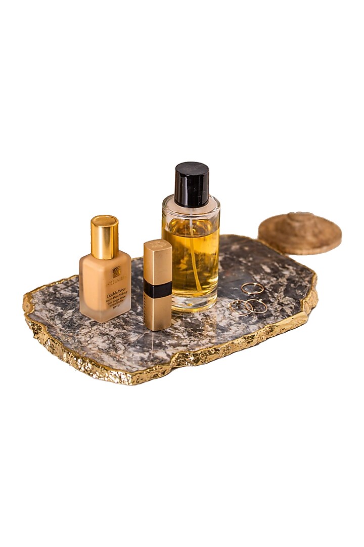 Rainbow Agate Display Board With Gold Trim, Black And White Natural Sliced Moonstone Crystal Tray by Serein Wellness at Pernia's Pop Up Shop