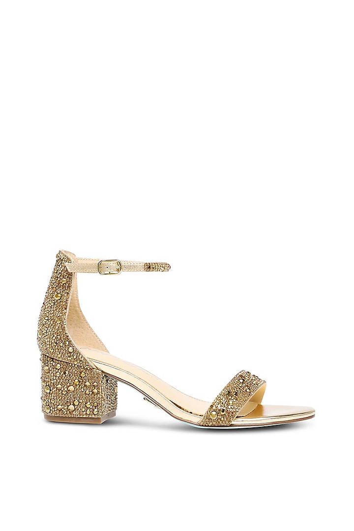 Gold Suede & Mirror Leather Embellished Heels by SEPHYR at Pernia's Pop Up Shop