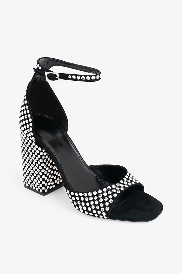 Black Non-Leather Swarovski Rhinestone Embellished Block Heels by SEPHYR