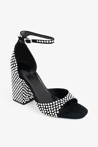 Black Non-Leather Swarovski Rhinestone Embellished Block Heels by SEPHYR