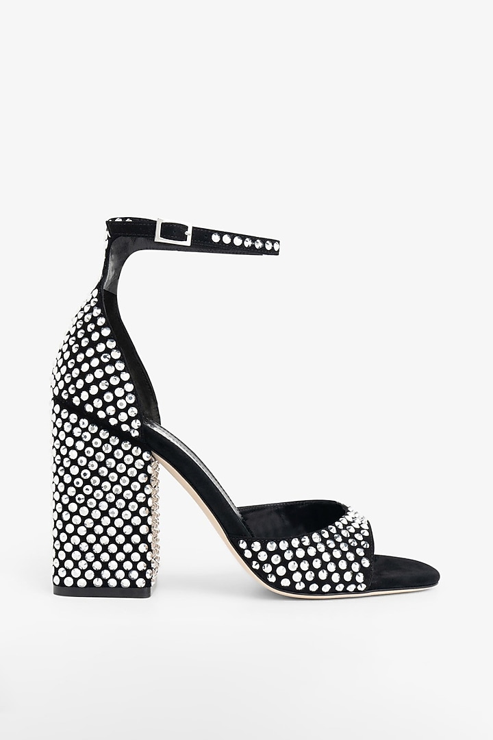Black Non-Leather Swarovski Rhinestone Embellished Block Heels by SEPHYR at Pernia's Pop Up Shop
