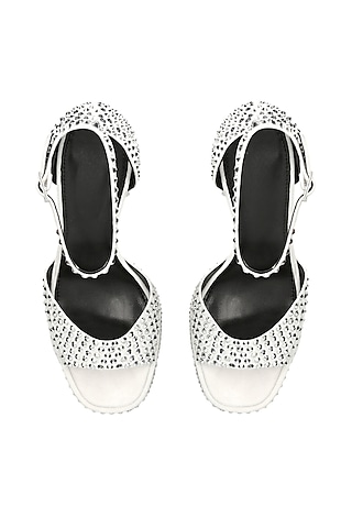 White Non-Leather Swarovski Rhinestone Embellished Block Heels by SEPHYR