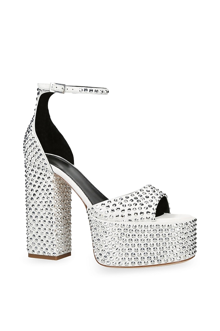 White Non-Leather Swarovski Rhinestone Embellished Block Heels by SEPHYR at Pernia's Pop Up Shop