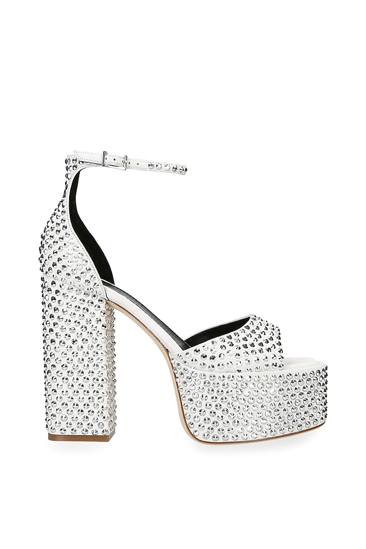White Non-Leather Swarovski Rhinestone Embellished Block Heels by SEPHYR at Pernia's Pop Up Shop