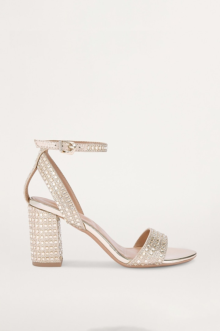Champagne Gold Non-Leather Swarovski Rhinestone Embellished Block Heels by SEPHYR at Pernia's Pop Up Shop
