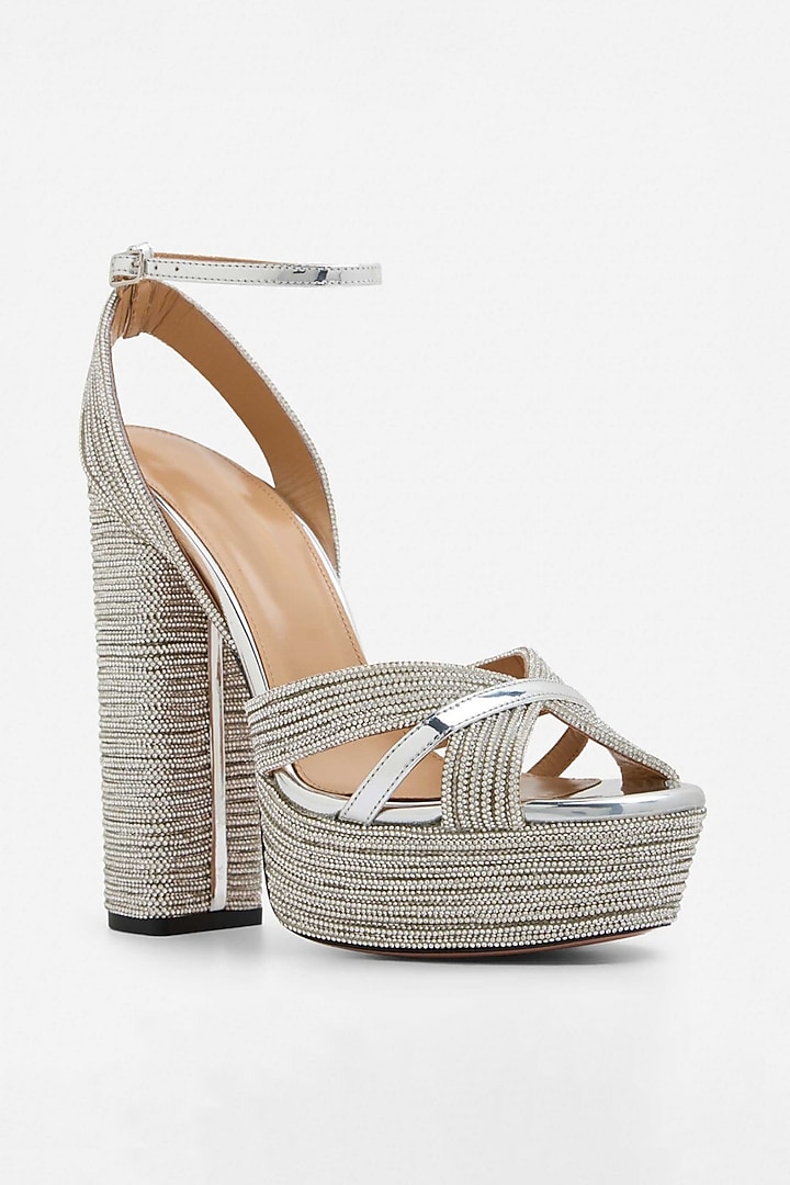 Silver Non-Leather Swarovski Rhinestone Embellished Block Heels by SEPHYR at Pernia's Pop Up Shop