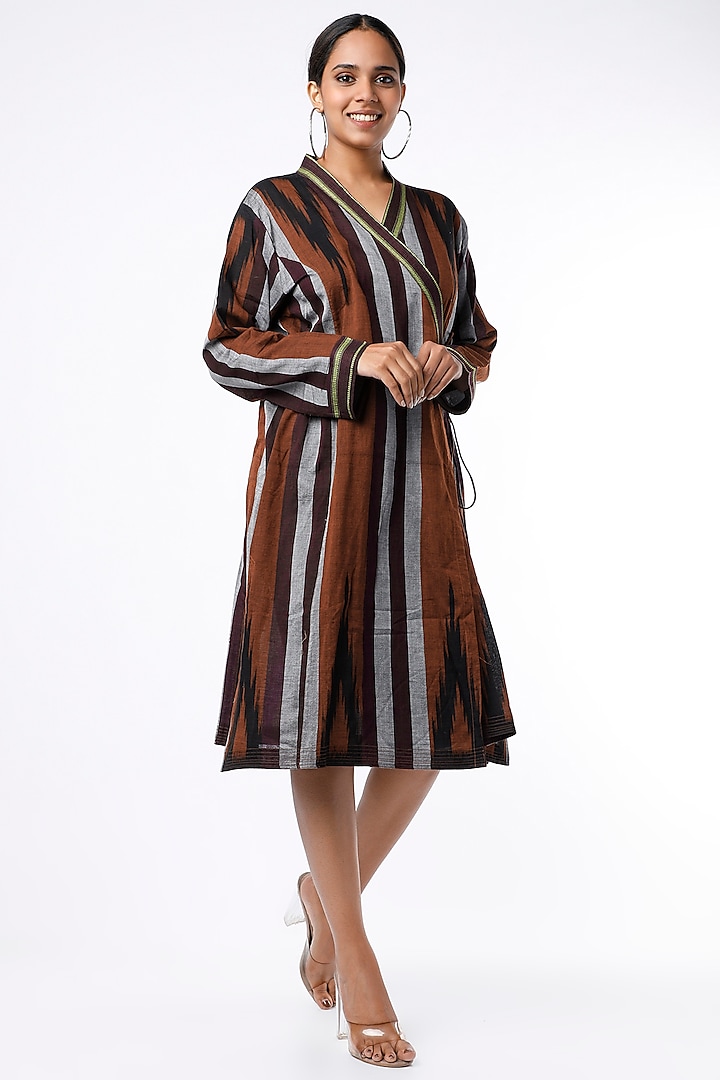 Brown Handwoven Ikat Cotton Wrap Dress by Sepia Stories