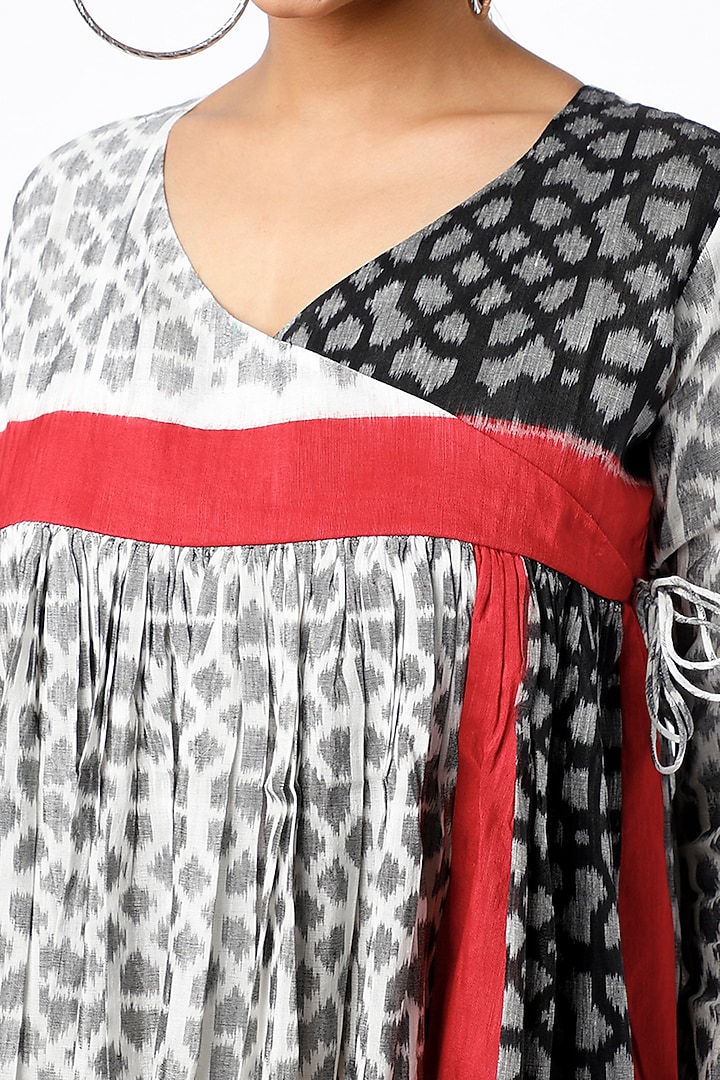 White Handwoven Pochampally Silk Linen Ikat Wrap Vacation Dress by Sepia Stories at Pernia's Pop Up Shop