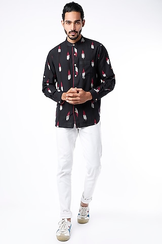 Black Handwoven Cotton Ikat Shirt by Sepia Stories Men