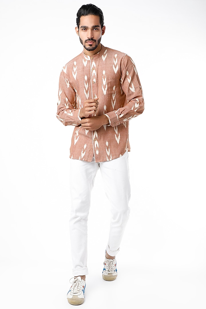 Brown Handwoven Cotton Ikat Shirt by Sepia Stories Men