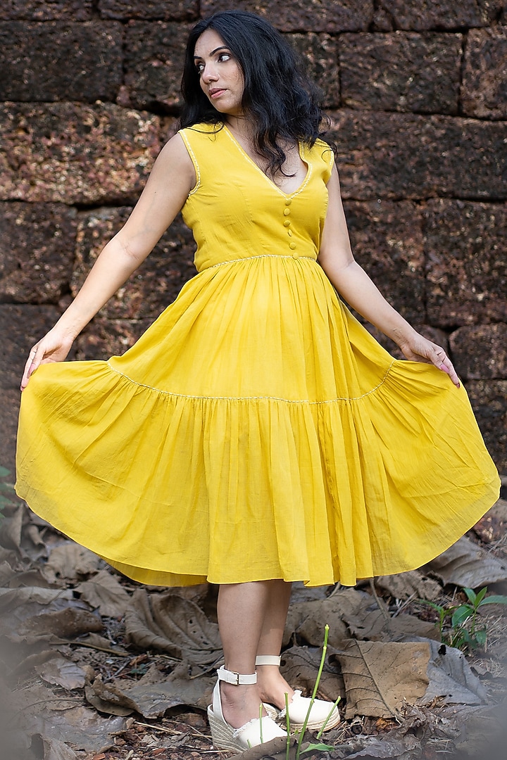Yellow Embroidered Tiered Summer Dress by Sepia Stories at Pernia's Pop Up Shop