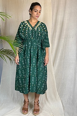 Emerald Green Embroidered Kimono Dress by Sepia Stories