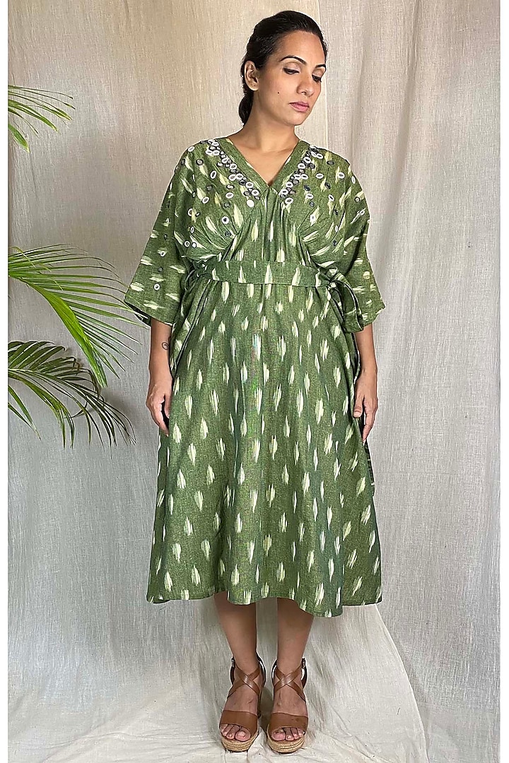 Olive Green Embroidered Kimono Dress by Sepia Stories