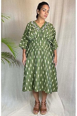 Olive Green Embroidered Kimono Dress by Sepia Stories