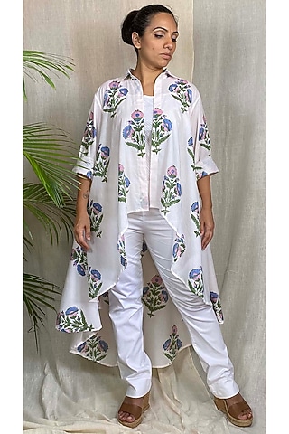 White Hand Block Printed Flared Asymmetrical Top by Sepia Stories