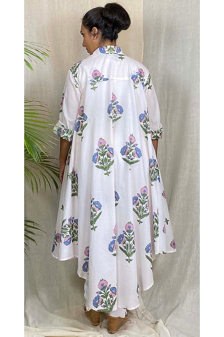 White Hand Block Printed Flared Asymmetrical Top by Sepia Stories at Pernia's Pop Up Shop