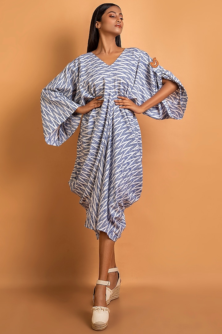 Blue Handwoven Ikat Cotton Cowl Dress by Sepia Stories