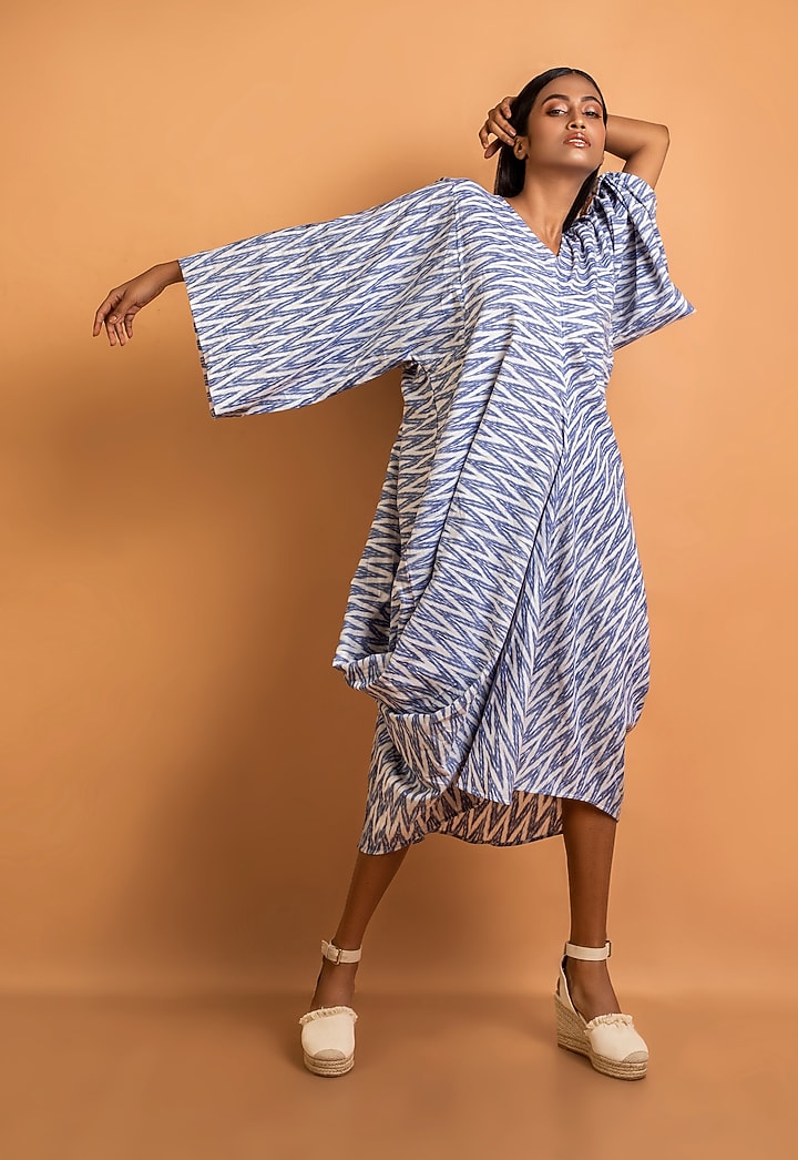 Blue Handwoven Ikat Cotton Cowl Summer Dress by Sepia Stories at Pernia's Pop Up Shop