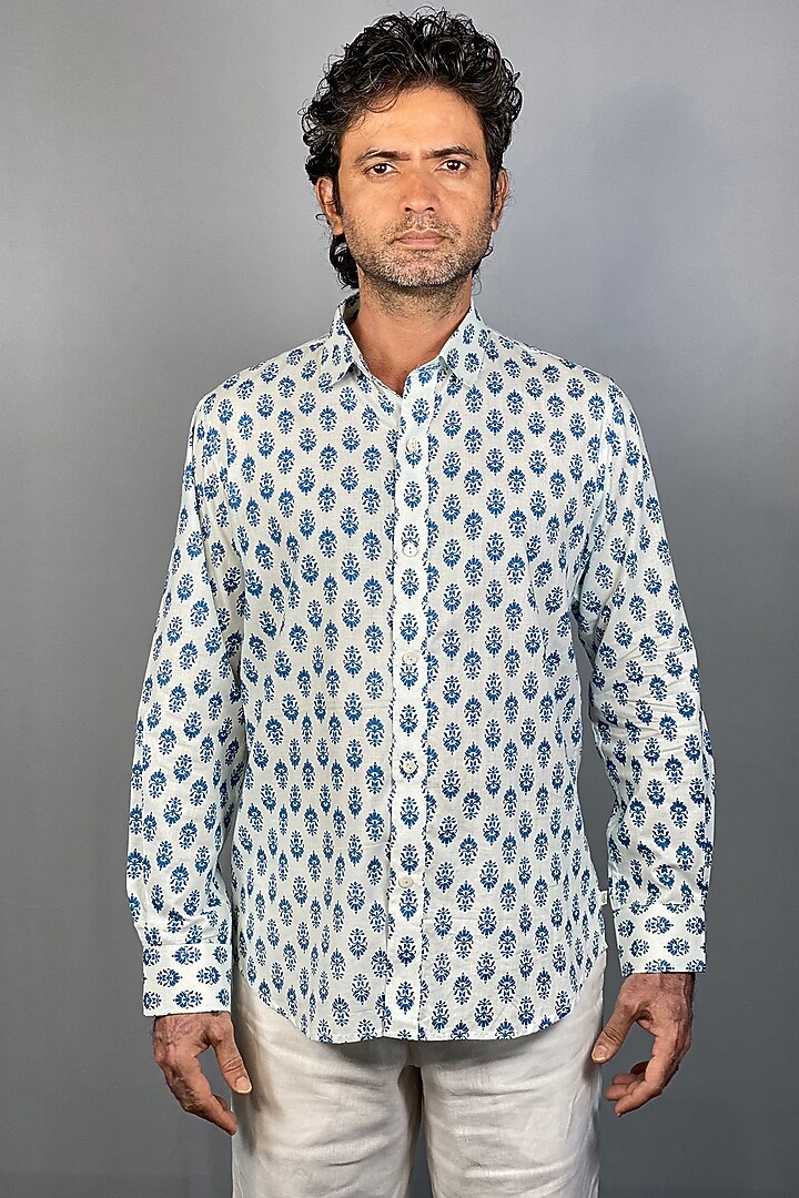 White Summer Shirt With Hand Block Print by Sepia Stories Men at Pernia's Pop Up Shop