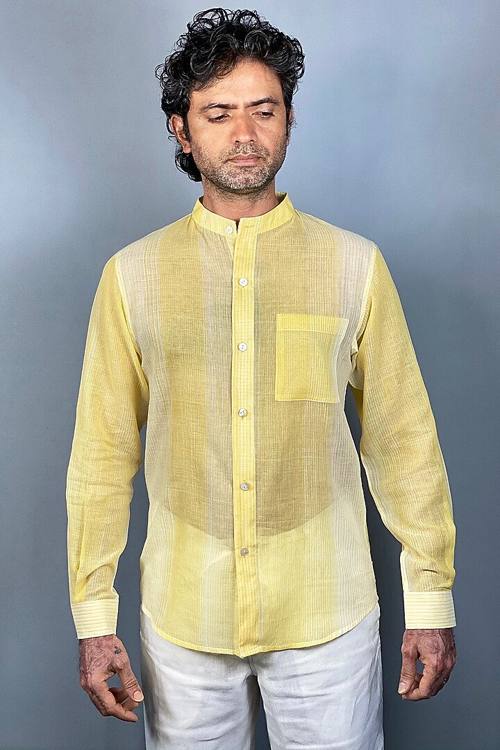 Yellow Cotton Striped Summer Shirt by Sepia Stories Men at Pernia's Pop Up Shop