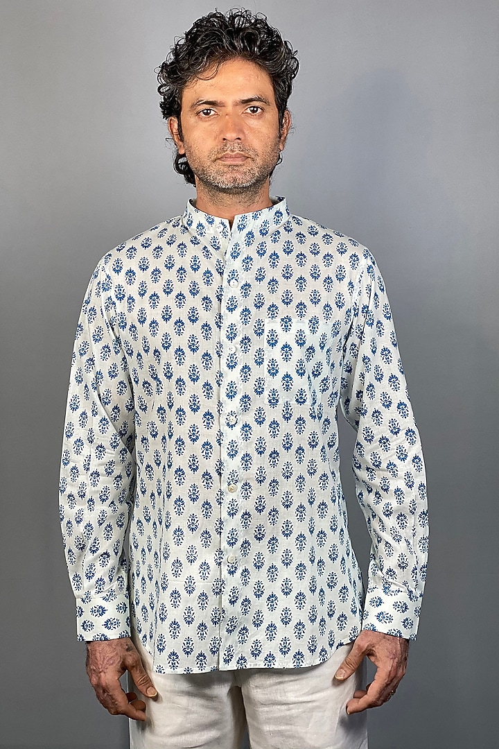 White Summer Shirt With Indigo Block Print by Sepia Stories Men at Pernia's Pop Up Shop