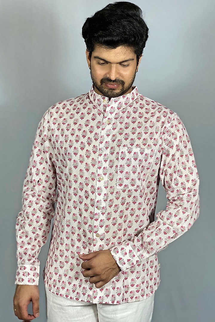 White Floral Block Printed Summer Shirt by Sepia Stories Men at Pernia's Pop Up Shop