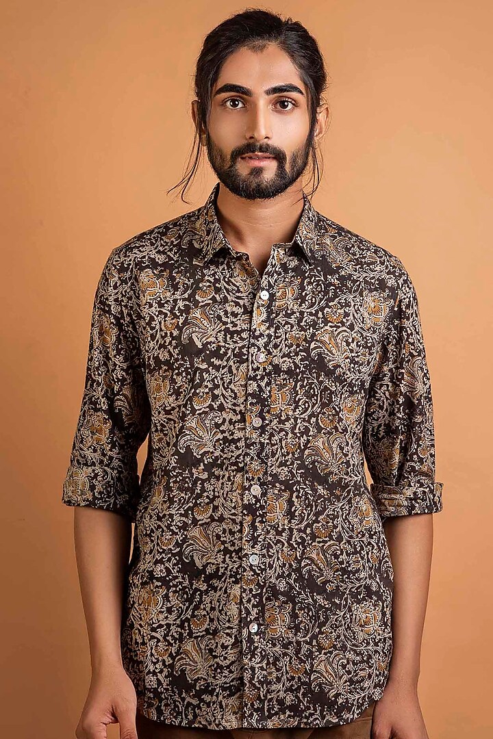 Brown Kalamkari Printed Shirt by Sepia Stories Men