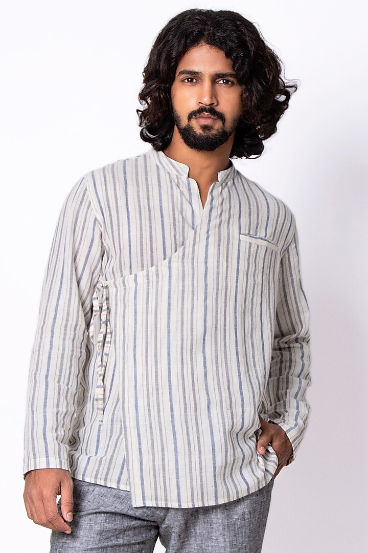Off-White Striped Wrap Party Wear Shirt by Sepia Stories Men at Pernia's Pop Up Shop
