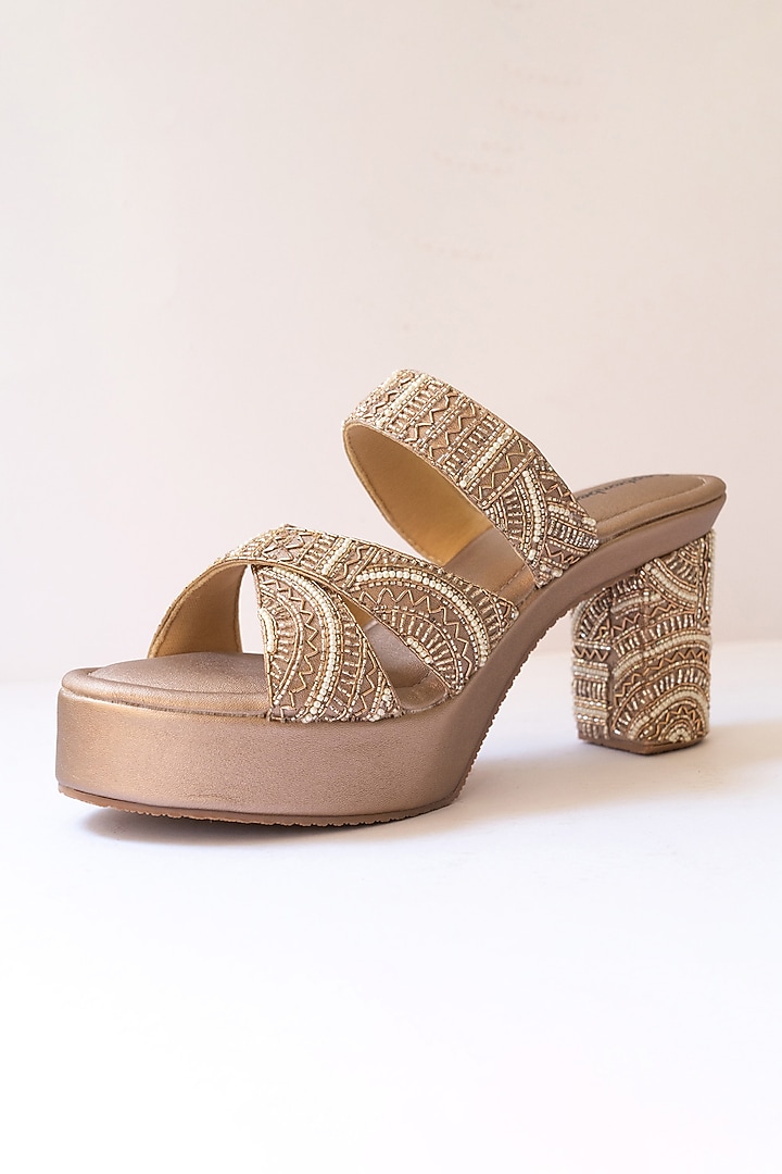 Rose Gold Artificial Leather Sequins Embroidered Block Heels by September at Pernia's Pop Up Shop