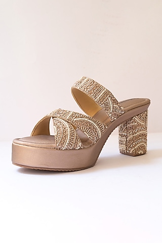 Rose Gold Artificial Leather Sequins Embroidered Block Heels by September