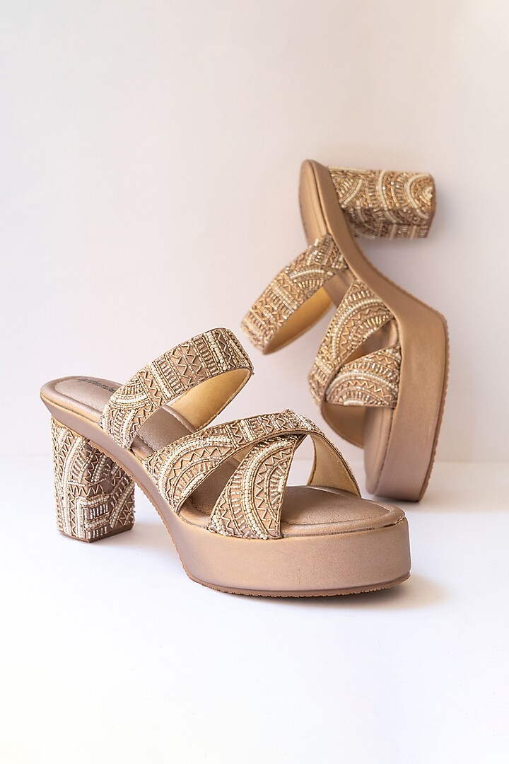 Rose Gold Artificial Leather Sequins Embroidered Block Heels by September at Pernia's Pop Up Shop