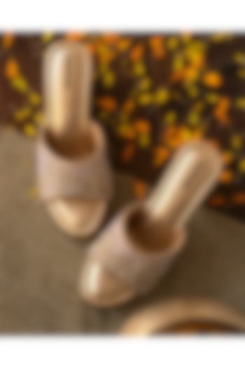 Champagne Gold Artificial Leather Thread Embroidered Block Heels by September at Pernia's Pop Up Shop