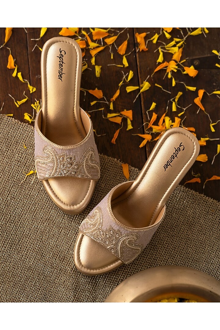 Champagne Gold Artificial Leather Thread Embroidered Block Heels by September at Pernia's Pop Up Shop