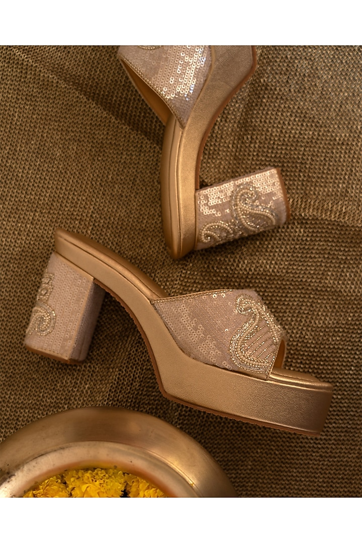 Champagne Gold Artificial Leather Thread Embroidered Block Heels by September at Pernia's Pop Up Shop