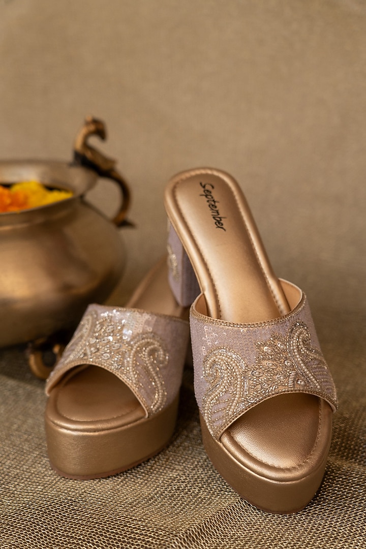 Champagne Gold Artificial Leather Thread Embroidered Block Heels by September at Pernia's Pop Up Shop