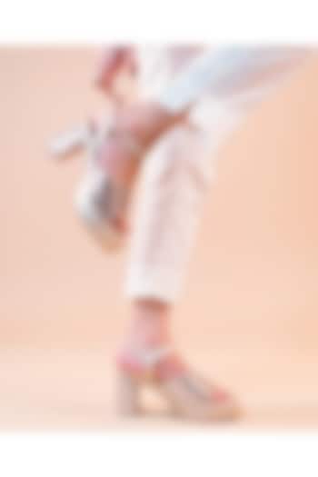 Champagne Gold Artificial Leather Hand Embroidered Block Heels by September at Pernia's Pop Up Shop