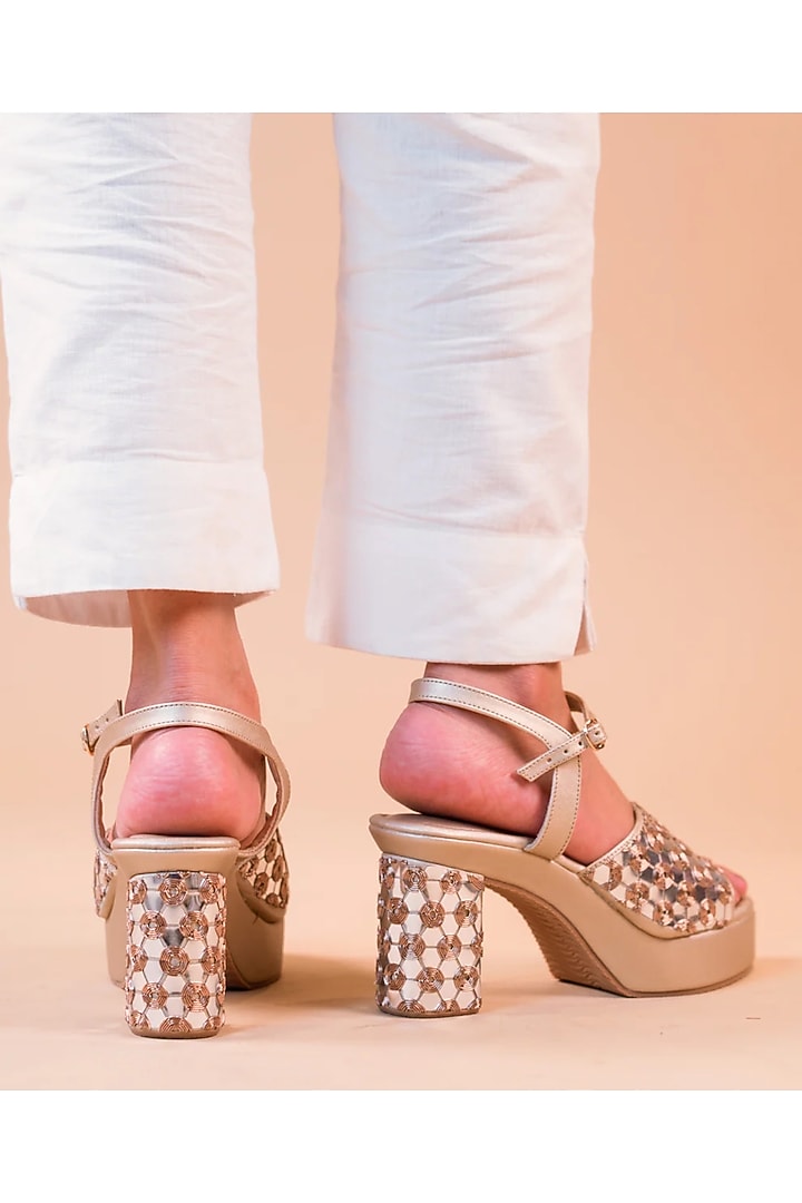 Champagne Gold Artificial Leather Hand Embroidered Block Heels by September at Pernia's Pop Up Shop
