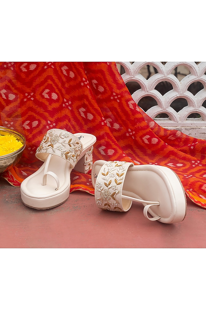 Cream Artificial Leather Floral Embroidered Block Heels by September at Pernia's Pop Up Shop