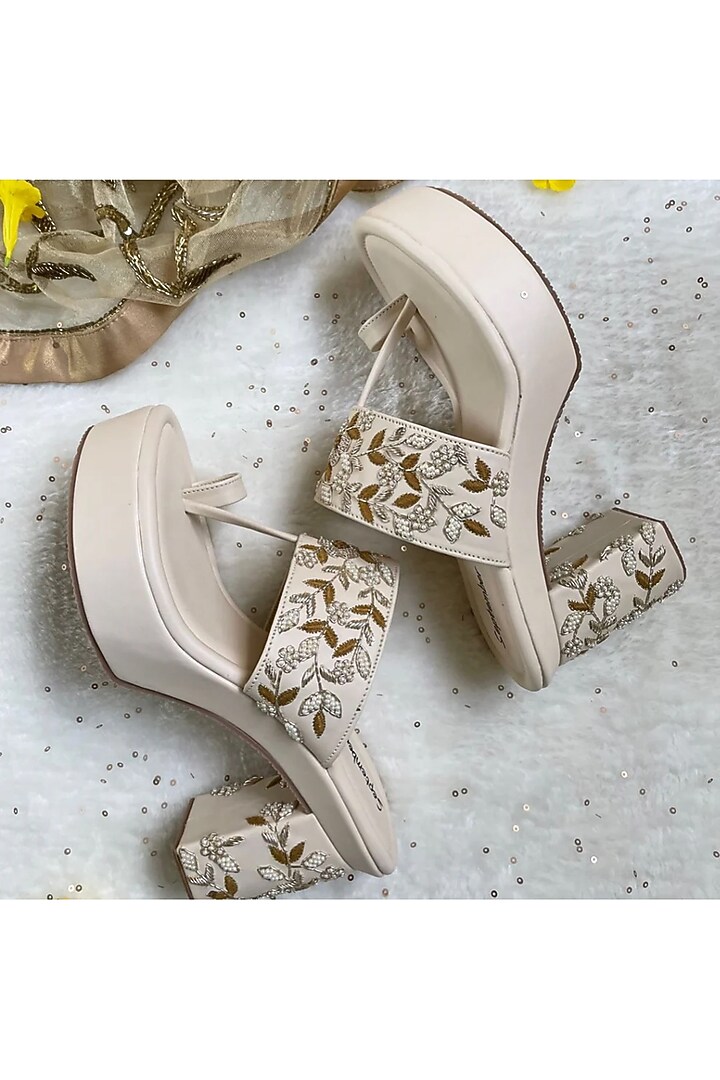 Cream Artificial Leather Floral Embroidered Block Heels by September at Pernia's Pop Up Shop