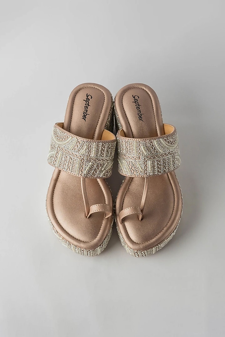 Champagne Gold Artificial Leather Hand Embroidered Wedges by September at Pernia's Pop Up Shop