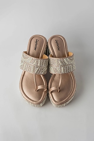 Champagne Gold Artificial Leather Hand Embroidered Wedges by September