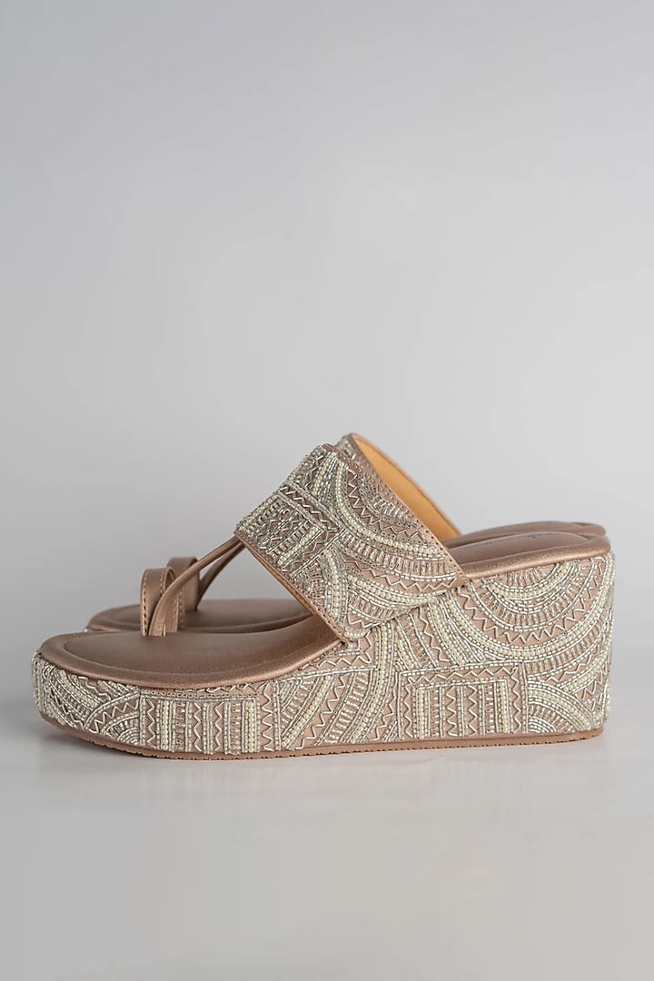 Champagne Gold Artificial Leather Hand Embroidered Wedges by September at Pernia's Pop Up Shop